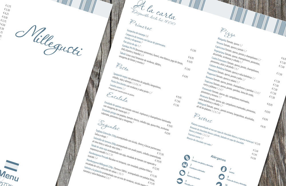 menu diseñado para el restaurante con lista de alérgenos.